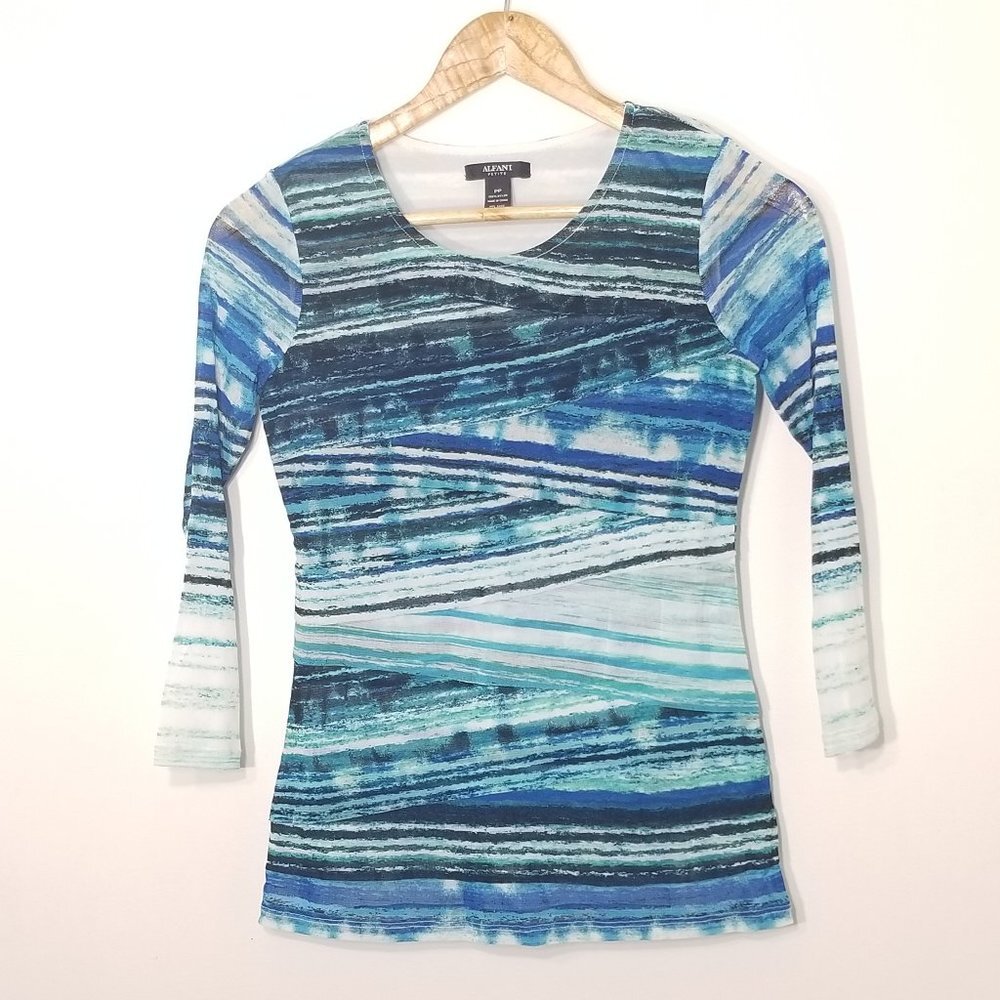 Alfani Petite Multi Blue Tone Sheer 3/4 Sleeves Scoop Neckline Top Petite Small